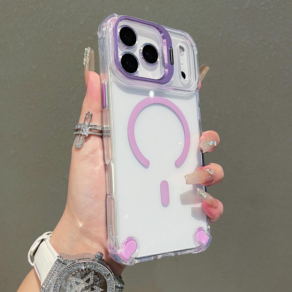 For iPhone 17 Pro Magnetic Case TPU PC Clear Kickstand Phone Cover with Tempered Glass Lens Films