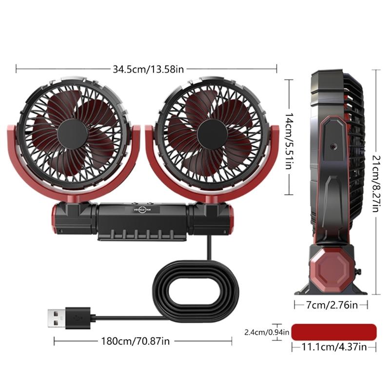 Car Fan Double Head USB Fan for Car, Vehicle Cooling Fan Brushless Motor 3 Speed, 360Rotation, for Car Dashboard