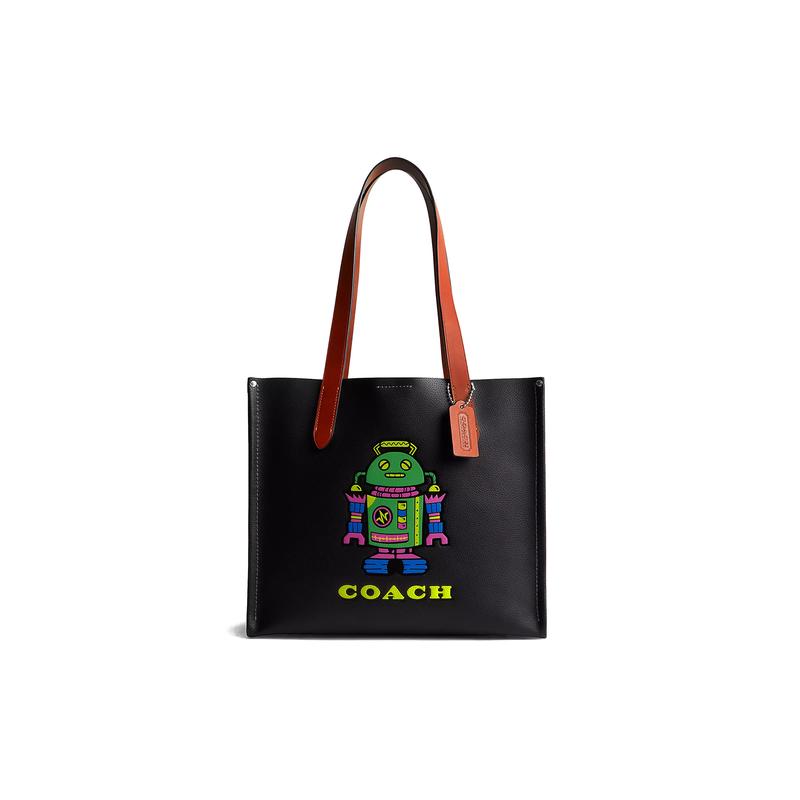 

COACH handbag Cosmic 34 Cartoon Robot Pattern Printed Pebble Pattern Magnetic Snap Canvas with Leather Tote Bag Shopping Bag Shoulder Large Women s чорний