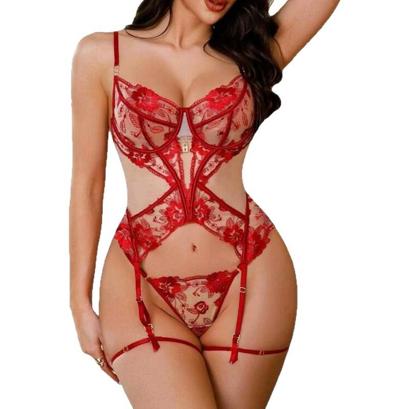 Hot Sale Sexy Bra Set Perspective Mesh Splicing Lace Sexy Underwear Three-piece Set