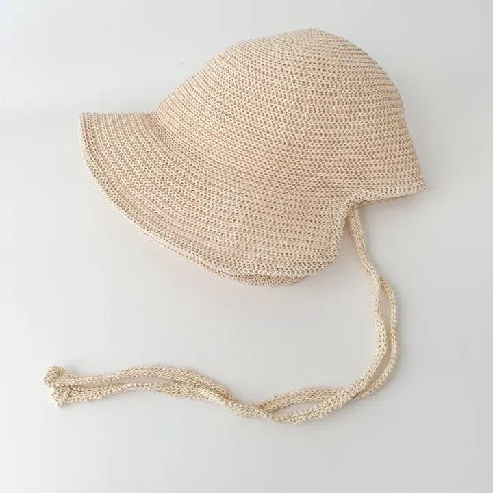 Summer Women Knitted Sun Hat Solid Color Breathable Wide Brim Bucket Hats Ins Korean Girl Beach Travel Windproof Strap Basin Cap