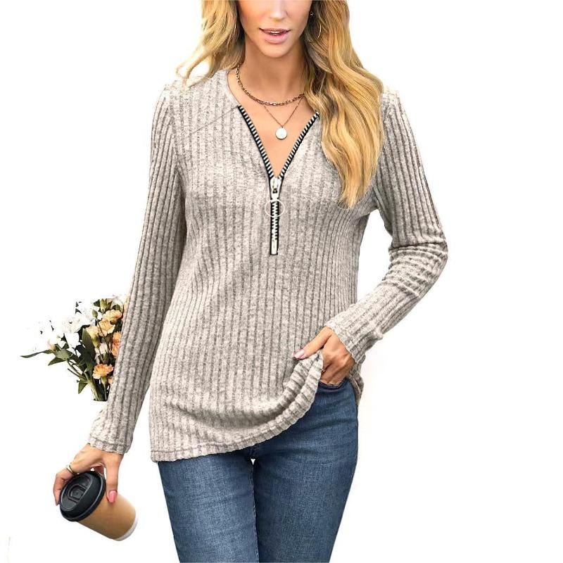 Women's Fall/Winter Zip-up Shirred Casual Long-sleeved T-shirt Top