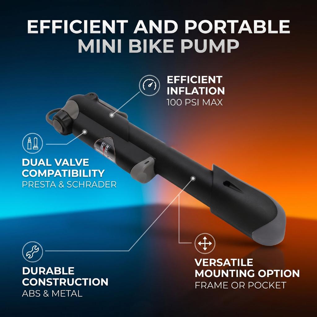 Mini Bike Pump for US FR Valve 100PSI Portable Frame Mounted Bike Hand Air Pump Tire Inflator for Mountain Road Bikes