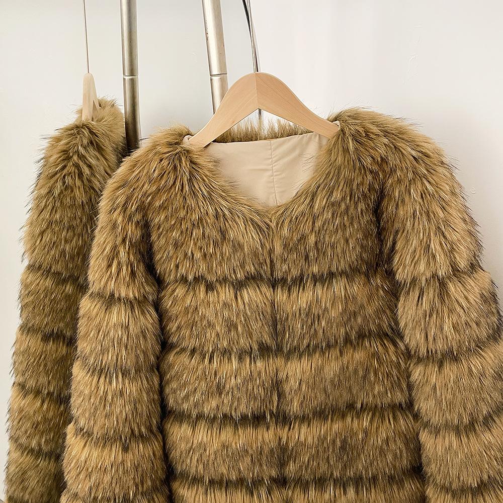 Imitation raccoon fur jacket winter women's round neck thickened warm fur coat imitation fur
