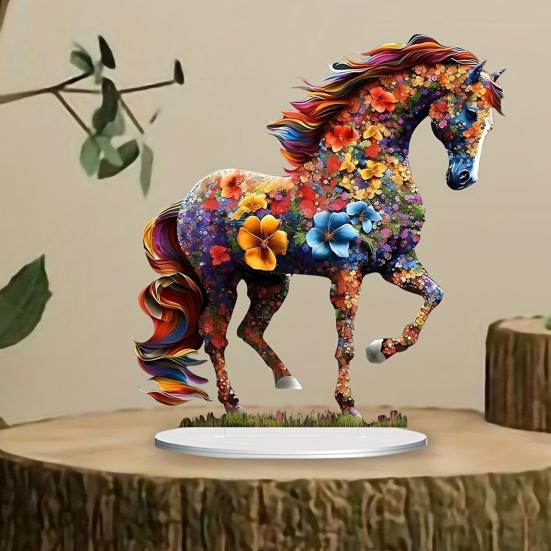 Yousheng Colorful Flower Horse Acrylic Ornament with Base 2D Flat Horse Table Sign Holiday Party Home Office Bookshelf Desktop Decoration