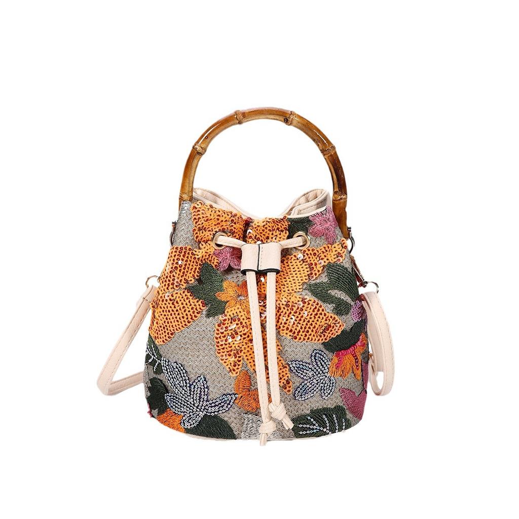 Elegant Sequin Embroidered Straw Woven Bucket Bag with Bamboo Handle - New Arrival Summer Trend Unique Crossbody Bag for Women