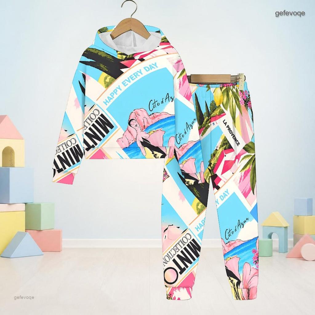 Kids Printed Hooded Long Sleeve Sweatshirt Cuffed Pants Two Piece Set Blue Pink White