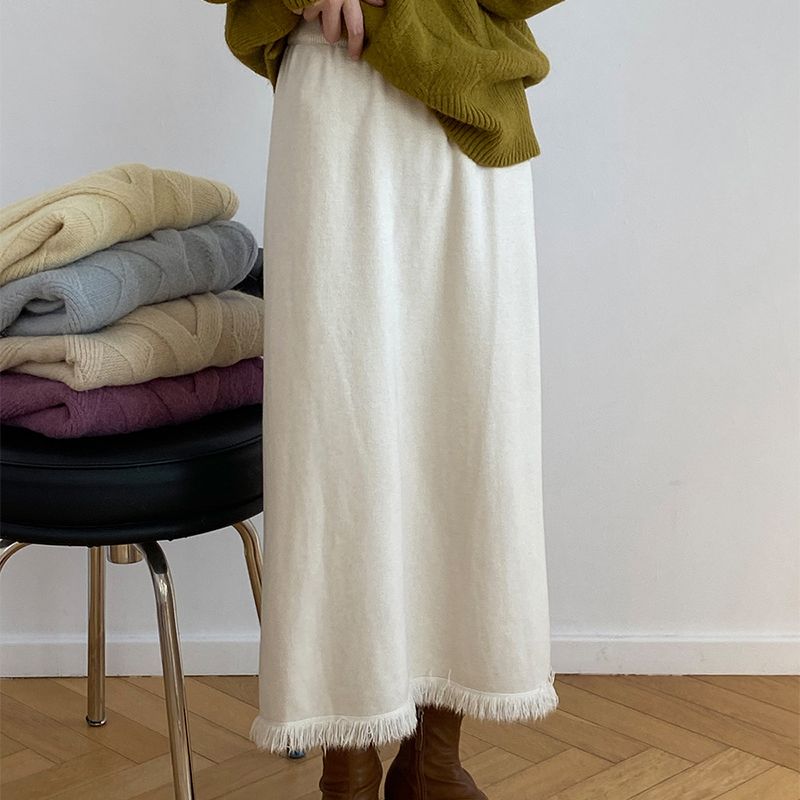 High-End Luxury Fringed Women's Knitted Midi Skirt Elegant Straight Bodycon Skirt High Waist