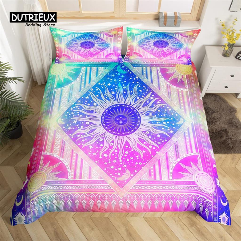 Comforter Sun And Moon King Queen Starry Sky Galaxy Trippy Bedding Set For Kids Adults Microfiber Boho Geometric