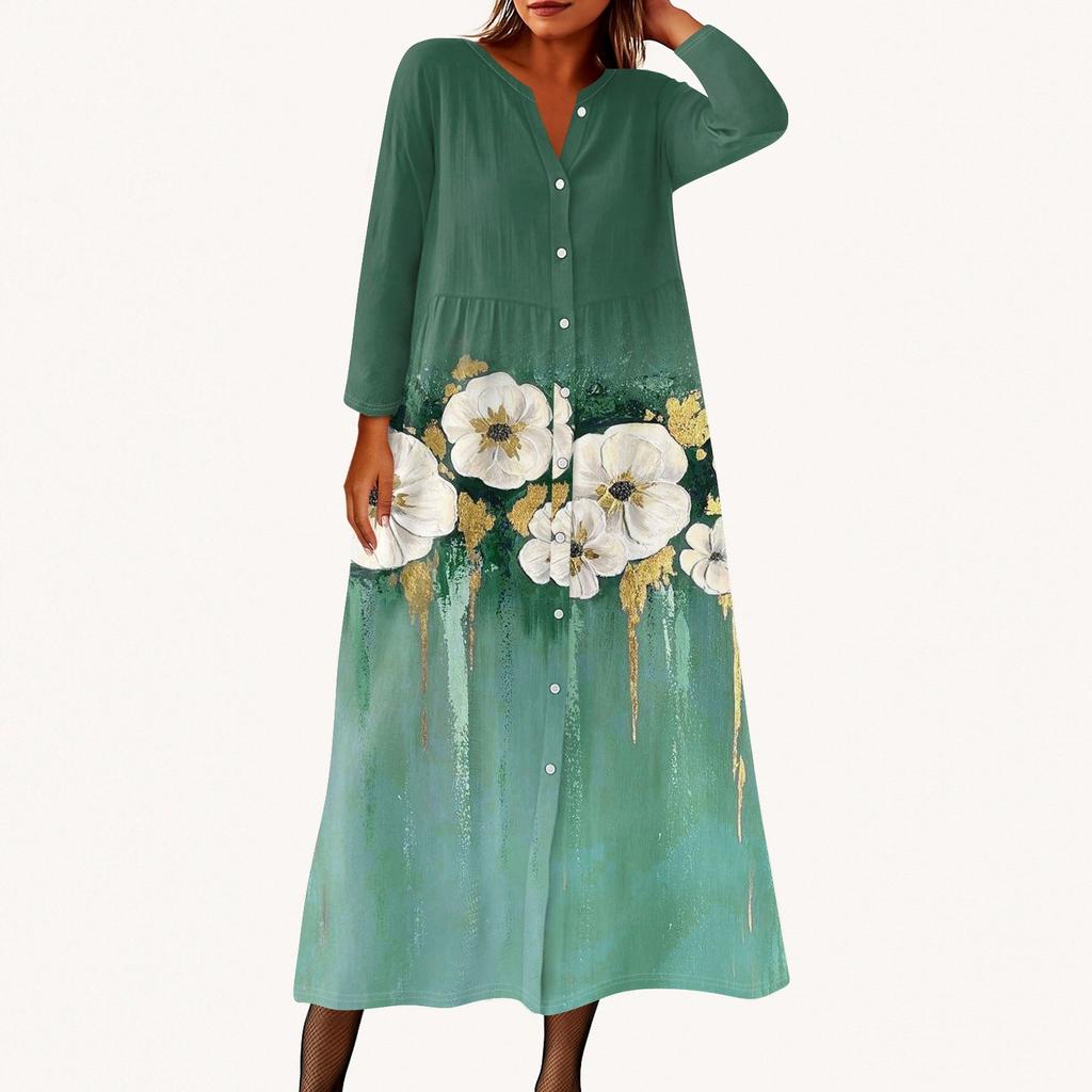 Women's Fashionable Printed Round Neck Seven Quarter Sleeve Button Loose Shirt Dress