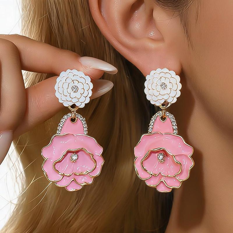 Silver Needle Rhinestone Inlaid Metal Glaze Flower Earring – Exaggerated Holiday Style for Women