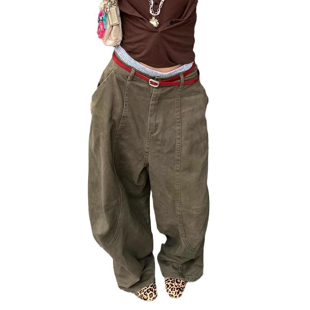 Large Size Retro Military Green Curved Knife Work Pants For Women In Street High-End Relaxed Casual Floor Pants