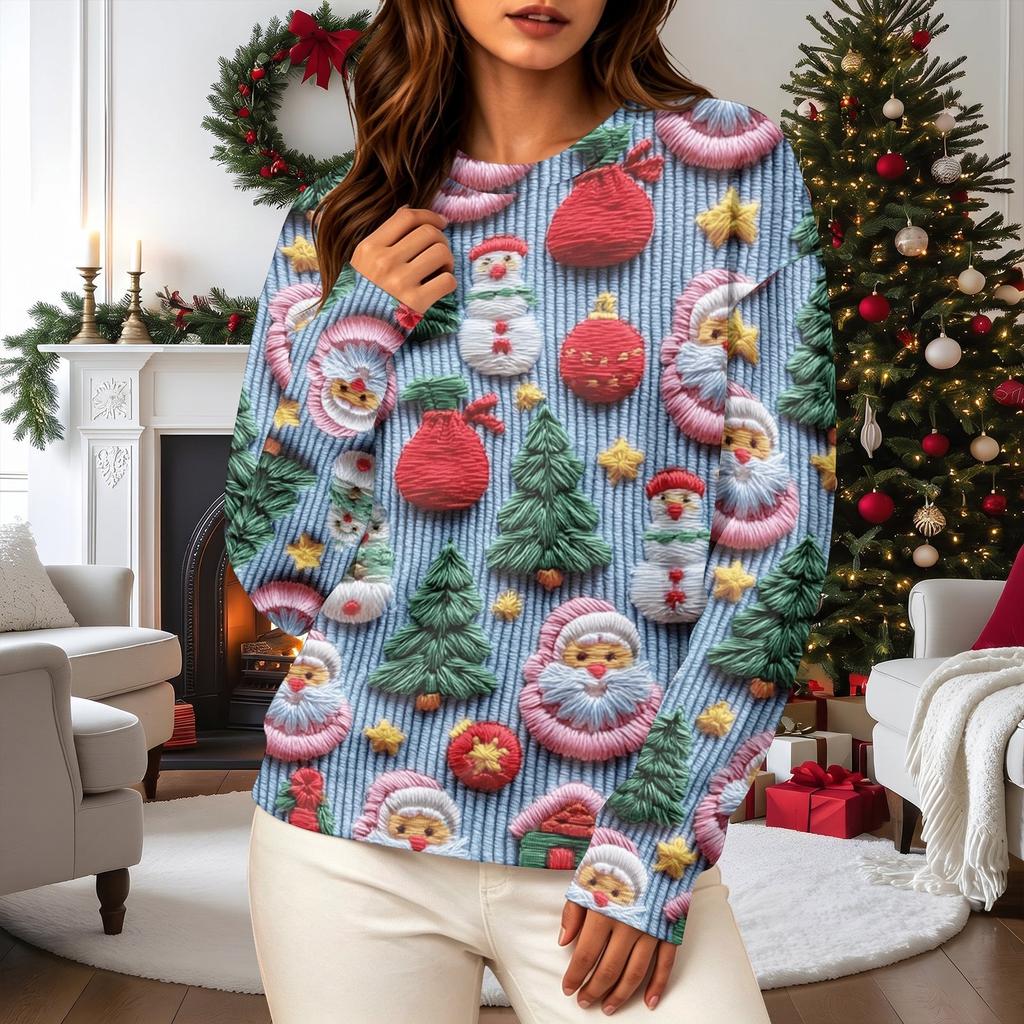 Women's Casual Long Sleeve Christmas Print Neck Pullover Sweatshirt