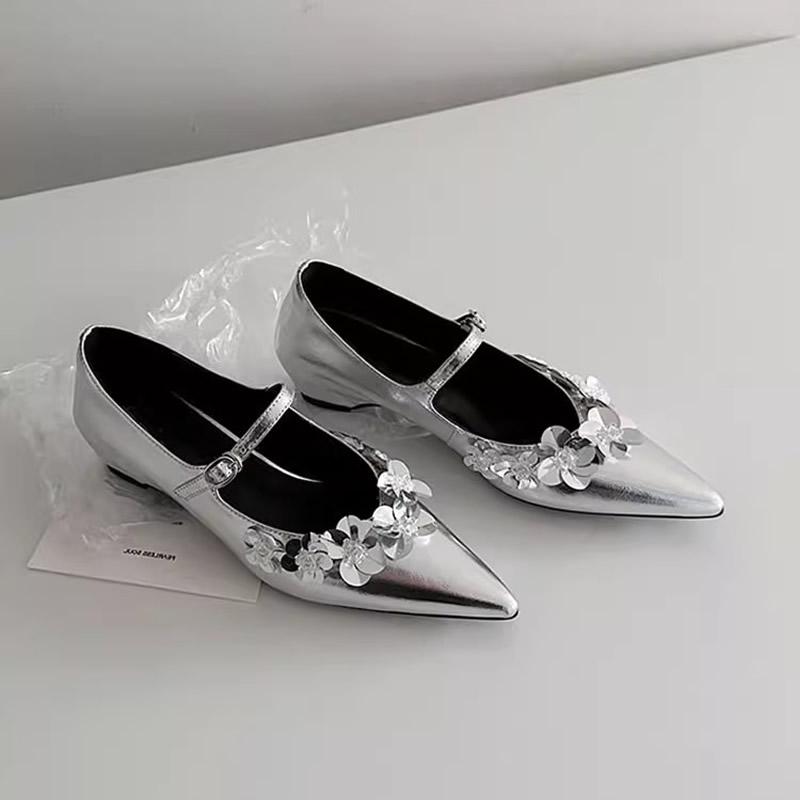 

Flower Marie Janes Shoes Pointed Toe Heeled Sandals Women High Heels Shoes Shallow 2025 Trend Summer Dress Elegant Pumps Mujer 39 срібний