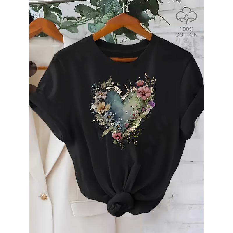 European Size Plus Size Women's  Elegant Floral Heart Print Short Sleeve T-Shirt - Soft Round Neck Casual Top for Spring/Summer