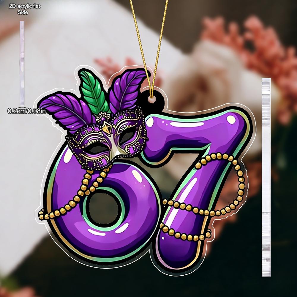 Glittering Purple & Green Mardi Gras 67 Number-Shaped Ornaments - Acrylic Carnival Masks Pendants, Drops & Finials Suitable for Christmas, Graduation