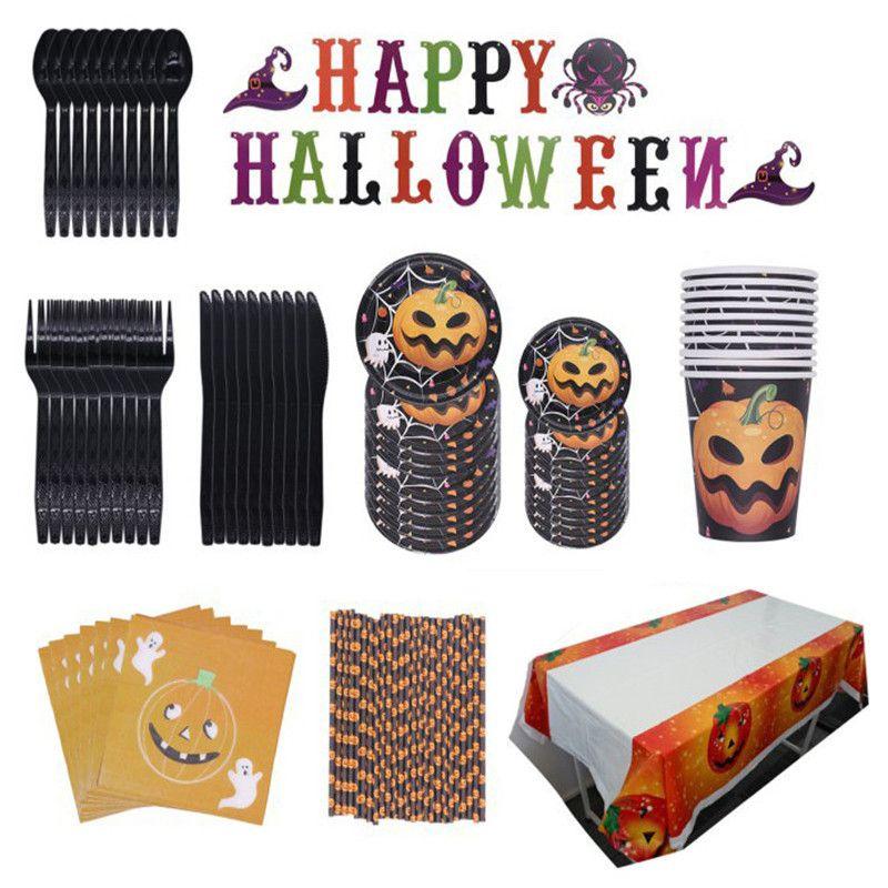 Halloween Party Decoration Supplies Including Pumpkin Tablecover And Straws**