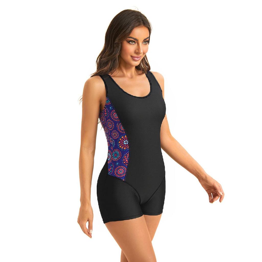 European & American Women's Conservative Slimming One-Piece Boyshort Swimsuit for Sport Racing.