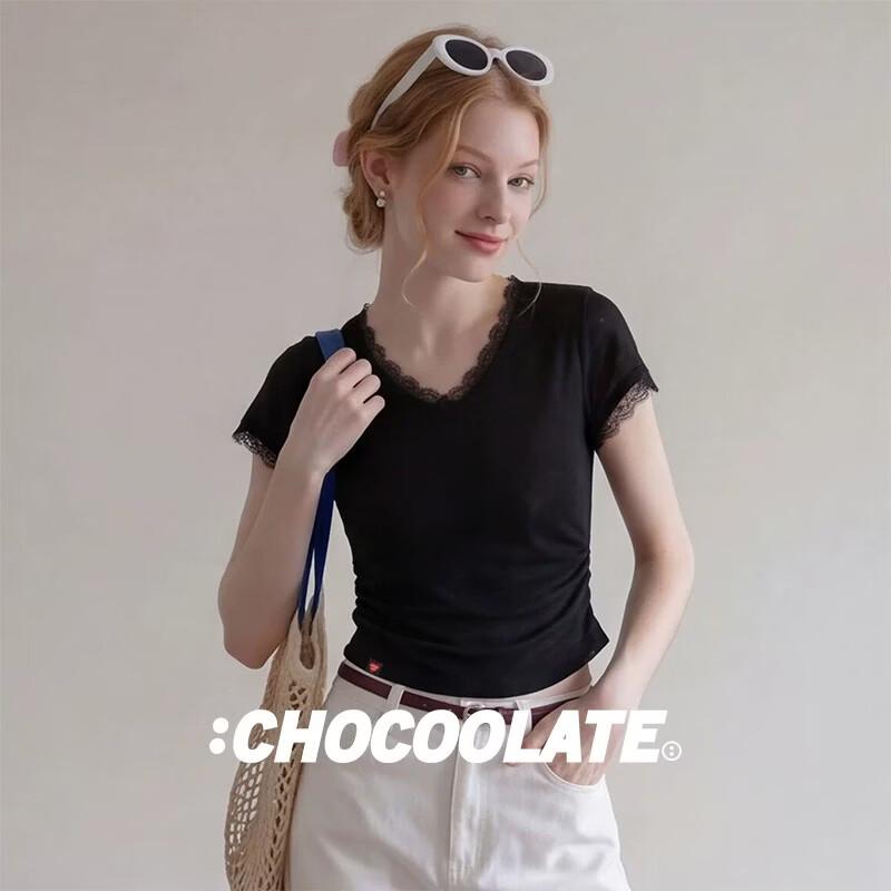 CHOCOOLATEir Women's Lace V-Neck Short Sleeve T-Shirt
