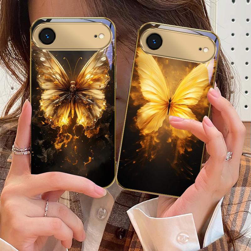 Flame Warm Butterfly For IPhone 17Pro Max 16 17 Pro 15 Pro 14 13 Plus 12 Mini 11Pro Max XR 16E 17Air Golden glass phone case