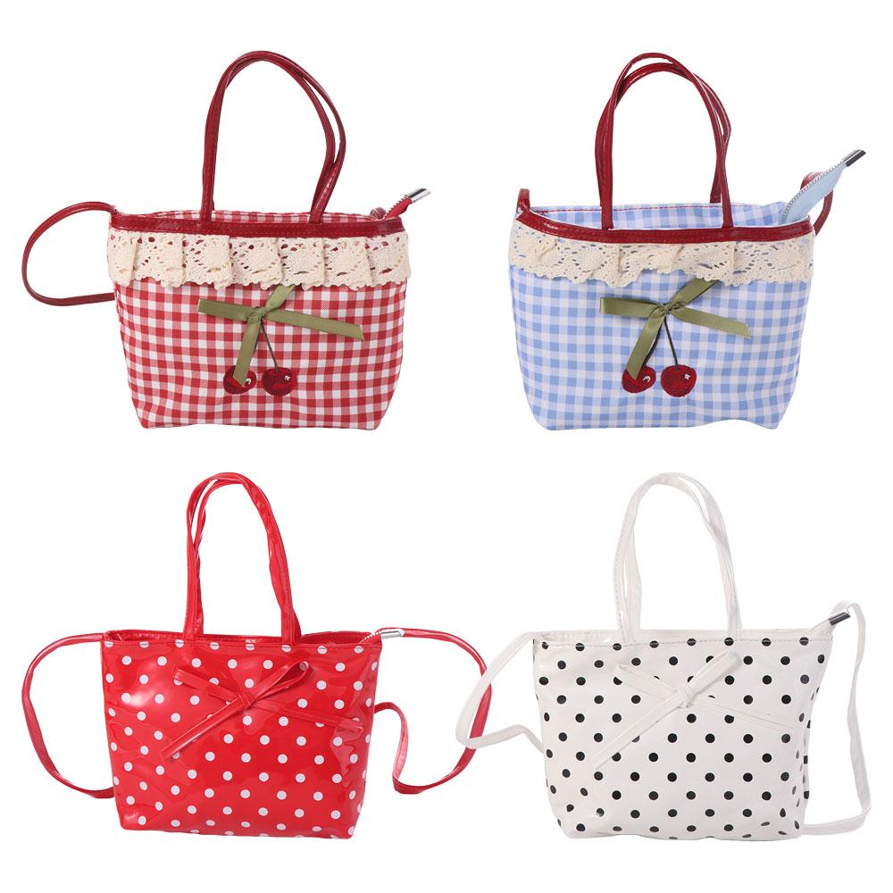 Polka Dot Lace Plaid Handbag Bowknot Sweet Crossbody Bag Portable Lattice Cherry Handbag  Students
