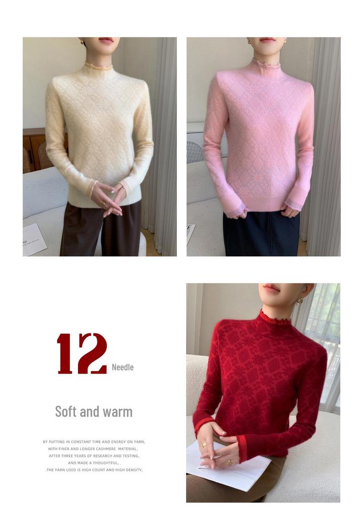 High-End Women's Cashmere Knit Lace Top - Long Sleeve, Half High Collar, Mesh Base Layer for Spring & Autumn