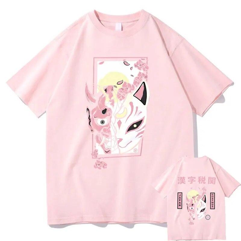 Hannya Mask T Shirts Futuristic Kitsune Mask Graphic T-shirt Japanese Anime Tees Kitsune Streetwear Fox Tshirt Unisex Manga Tops