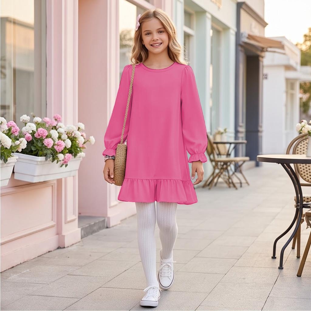 Lässiges Rüschenkleid für Mädchen, Bequemes Farbkleid für Frühling und Herbst zum täglichen Tragen