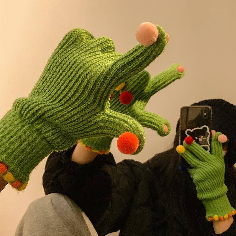 Colorful Ball Gloves for Women in Winter Cute Small Ball Touch Screen Exposed Fingers for Warmth Five Fingers for Cycling Warmth