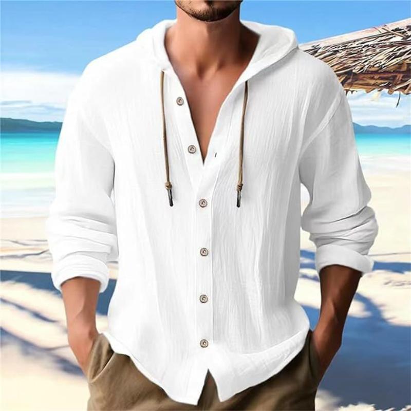 2025 New Men's Hooded T-shirt, Solid-color Cotton and Linen Men's Casual Long-sleeved Top