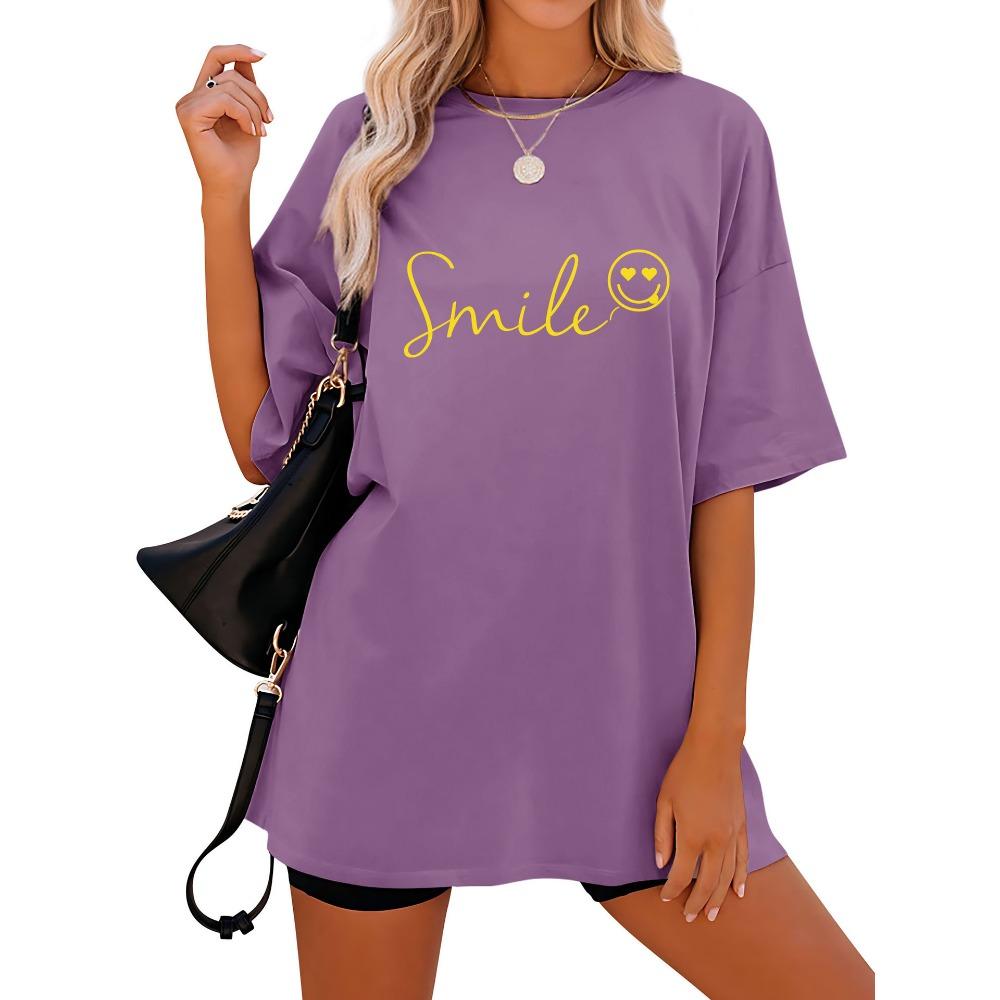 Tricou de damă cu mânecă scurtă, cu imprimeu lejer și mânecă scurtă, cu guler rotund și umăr căzut