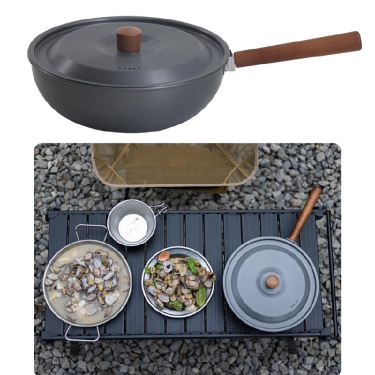 Light Weight Nonstick Frying Pan Wood Handle Wok Cookware Portable Camping Picnic Pot Aluminum Alloys Frying Pan