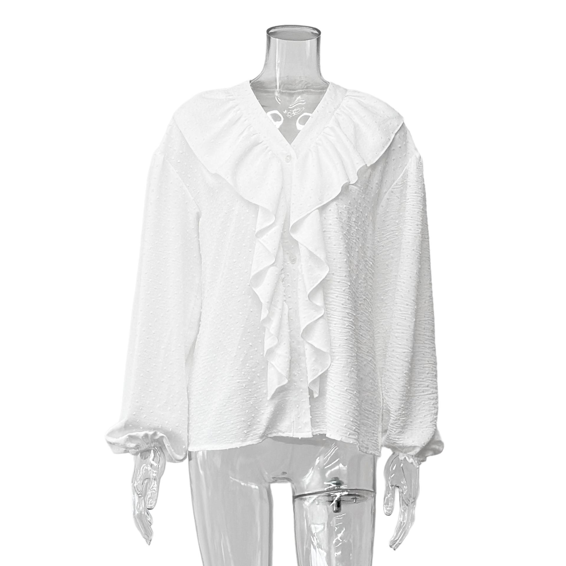 Autumn French Women s Fashion Versatile V-Neck Lotus Leaf Design Shirt Polka Dot Top Women S