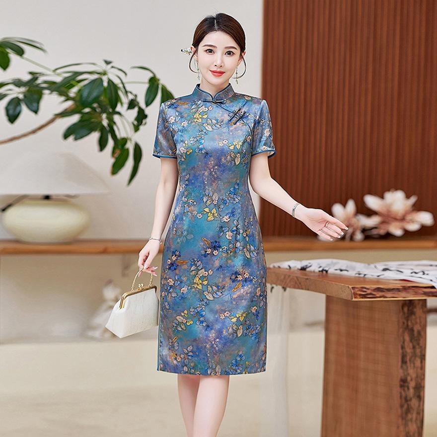 Light Luxury Plaid Retro Silk Dress  New Slim Mulberry Silk Cheongsam Dress