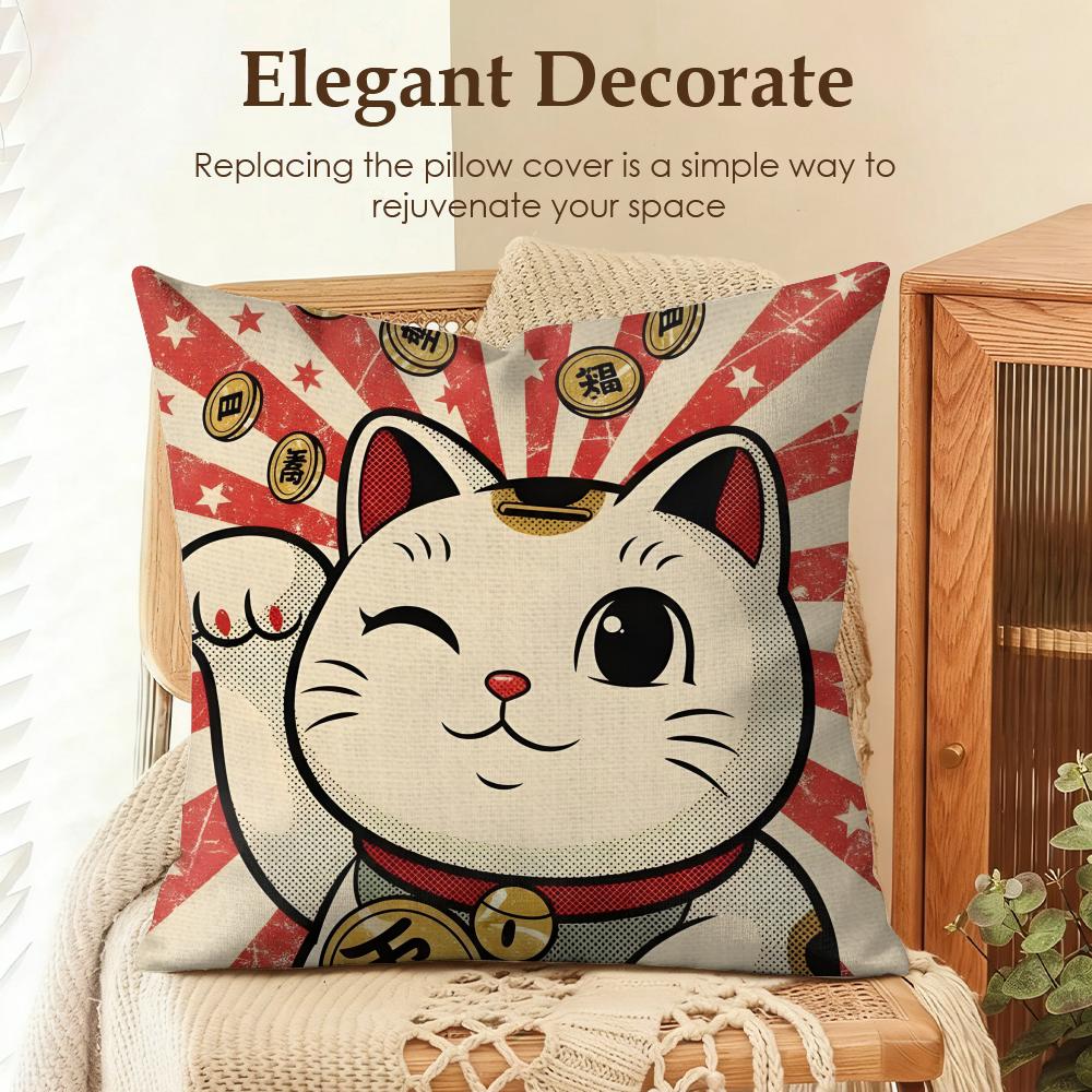 Japenes ManekiNeko Cushion Cover Natural Linen Organic Fabric DoubleSided Printing Sofa Home Decor Gift Pillow Case