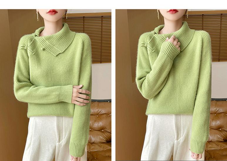 Women's Retro Chinese Lapel Wool Sweater with Frog Buttons