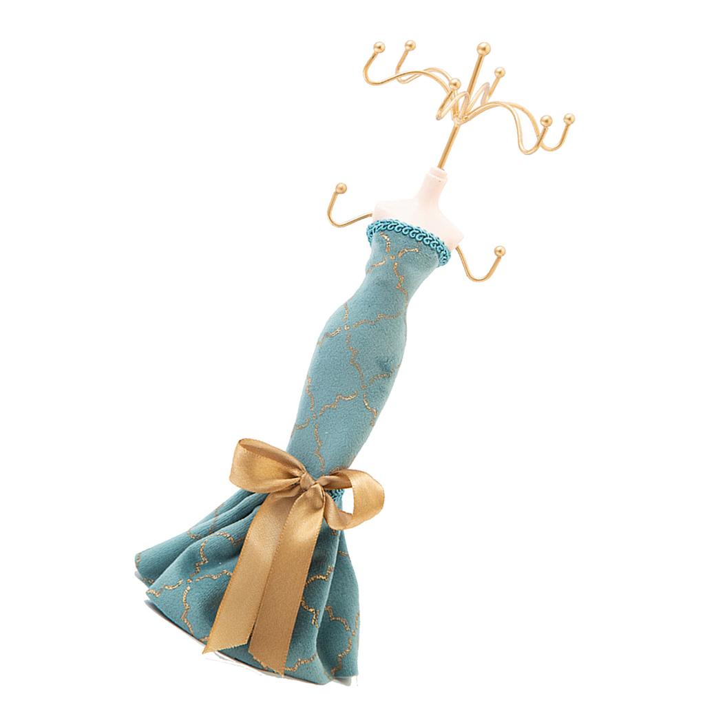Elegante Suporte de Joias Para Mulheres Manequim Azul Vestido de Princesa Colar Brinco Suporte Exibidor Com Acentos Dourados