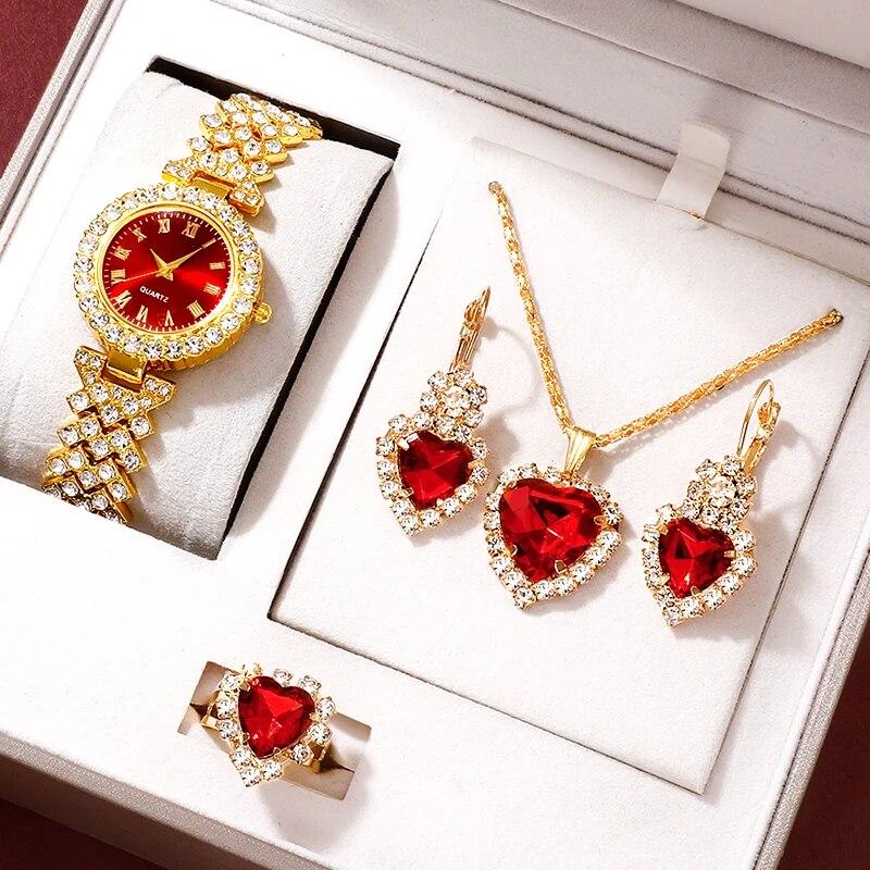 

Golden Luxury Watch Women Ring Necklace Earring Rhinestone Fashion Wristwatch Casual Ladies Bracelet Watches Jewelry Set красный