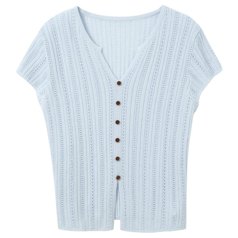Women s V-Neck Short Sleeve Openwork Knit Top S