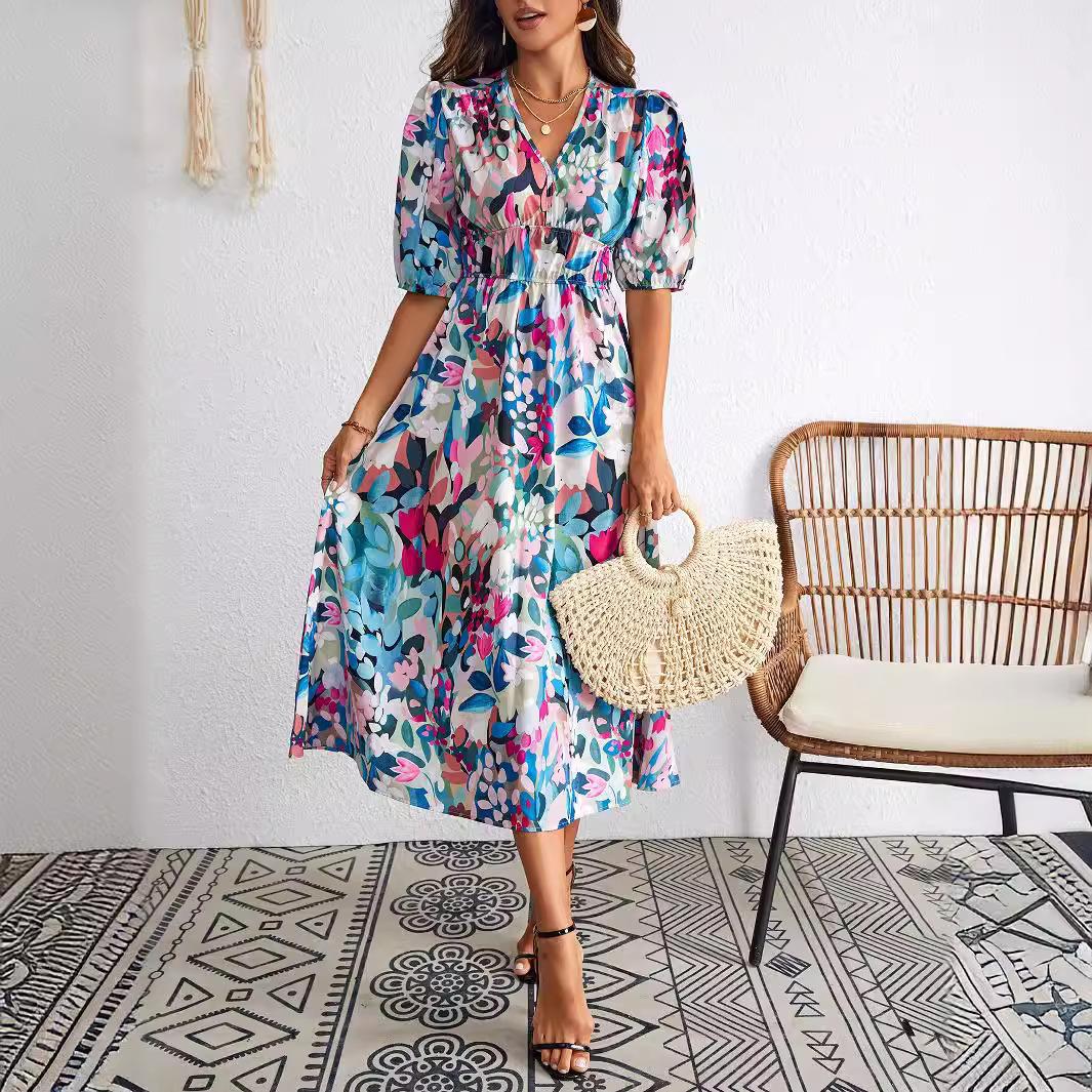 

Women s Floral Print V-Neck Bubble Sleeve Midi Dress with Belt, Elegant Summer Dress XXL