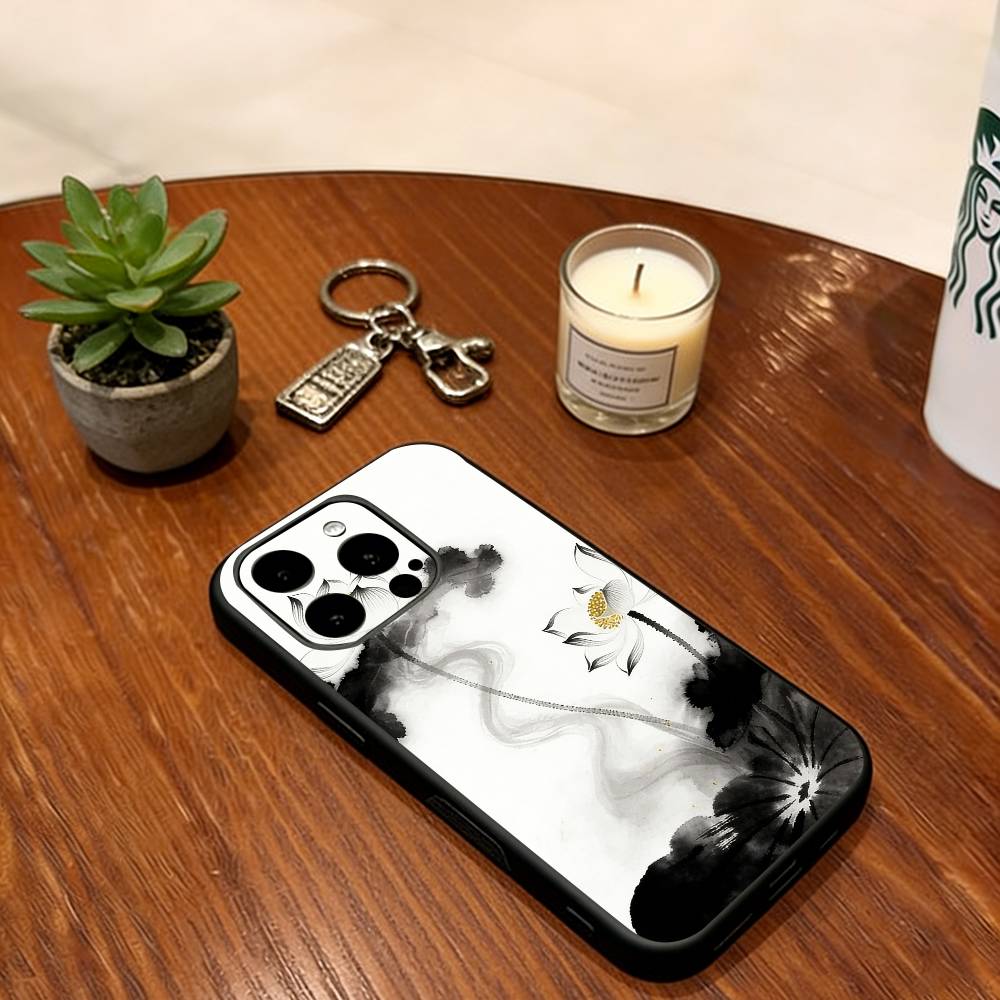 

Chinese Ink Lotus Phone Case For iPhone 17,16,15,14,13,12,11 Plus,Pro Max,XS,Soft Silicone Black Cover iPhone14ProMax