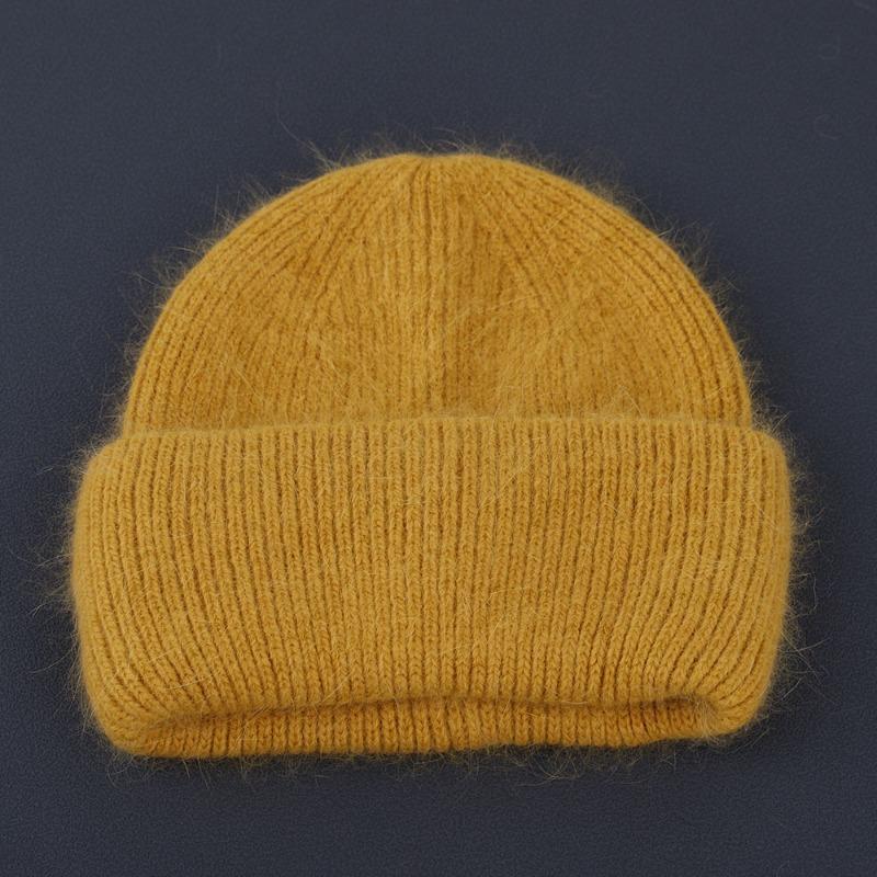 

Вязаная шапка из меха ангорского кролика для женщин, теплая, модная, осень-зима, однотонная, шерстяная шапка, пуловер, кепка для мужчин и женщин, стиль для пары M（56-58cm） жёлтый