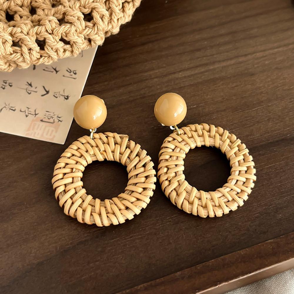 Round Rattan Weave Earrings Flower Beach Jewelry Cute Bohemian Drop Earrings  Wedding