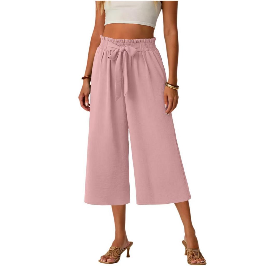 Women's Summer Lace-Up -Color Loose-Fit Straight-Leg 7/8-Length Pants With Pockets And Lace-Up Elastic Waistband