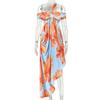 European and American summer printed women's clothing, cool color matching, chest-wrapped hip-wrapped skirt, home diagonal collar backless long dress