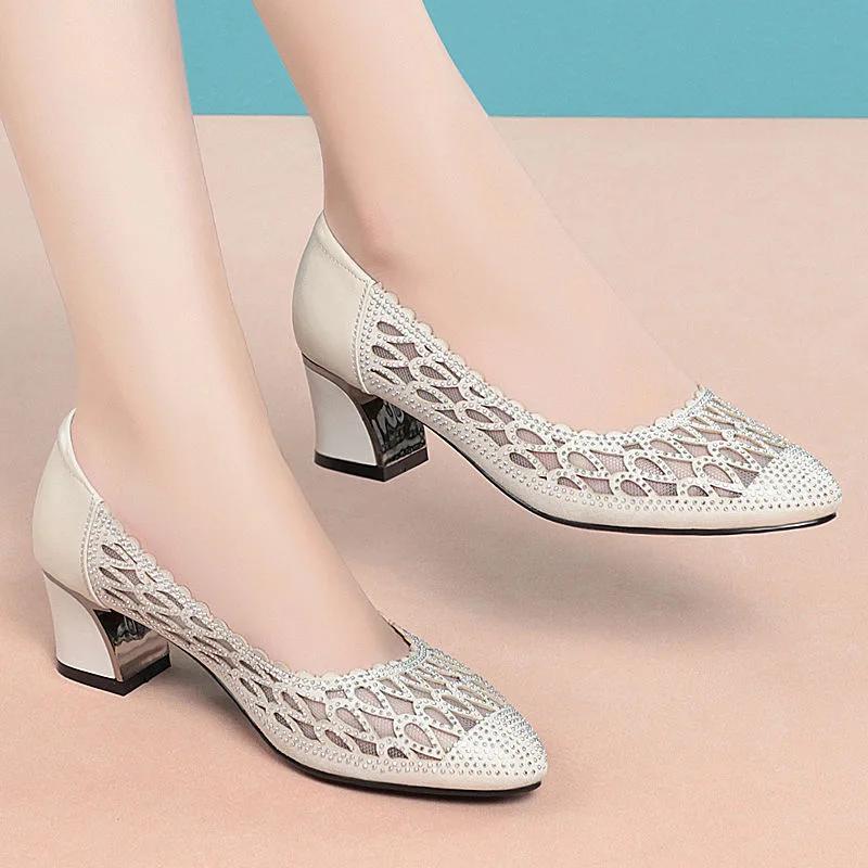Fashion 2025 Summer Fashion Hollow Out Genuine Leather Pumps Women Shoes Med Heels Square Heel Mesh  Office Shoes Crystal