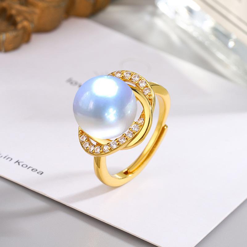 

Открытое регулируемое кольцо с 14-миллиметровым золотым, белым, шампанским и фиолетовым жемчугом из ракушек и цирконами для женщин Adjustable Open