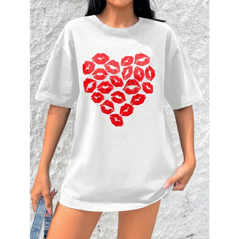 Heart To Heart  Print Casual  Oversized Round Neck T-Shirt