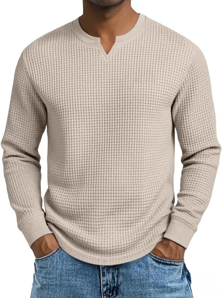 Herren Plus Size Waffel Karomuster Slim Fit Langarm V-Ausschnitt Lässiges T-Shirt