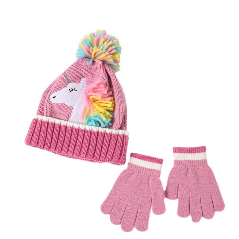 Unicorn Beanie Mittens Set for Kids Girl Cute Fashion Plush Fleece Lined Winter Hat with Gloves Cartoon Animal Ear Thermal Set
